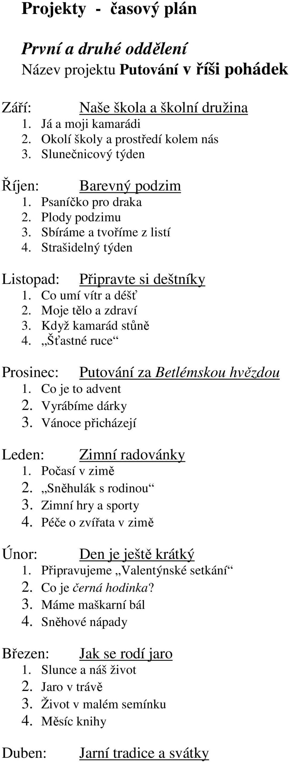 Moje tělo a zdraví 3. Když kamarád stůně 4. Šťastné ruce Prosinec: Putování za Betlémskou hvězdou 1. Co je to advent 2. Vyrábíme dárky 3. Vánoce přicházejí Leden: Zimní radovánky 1. Počasí v zimě 2.