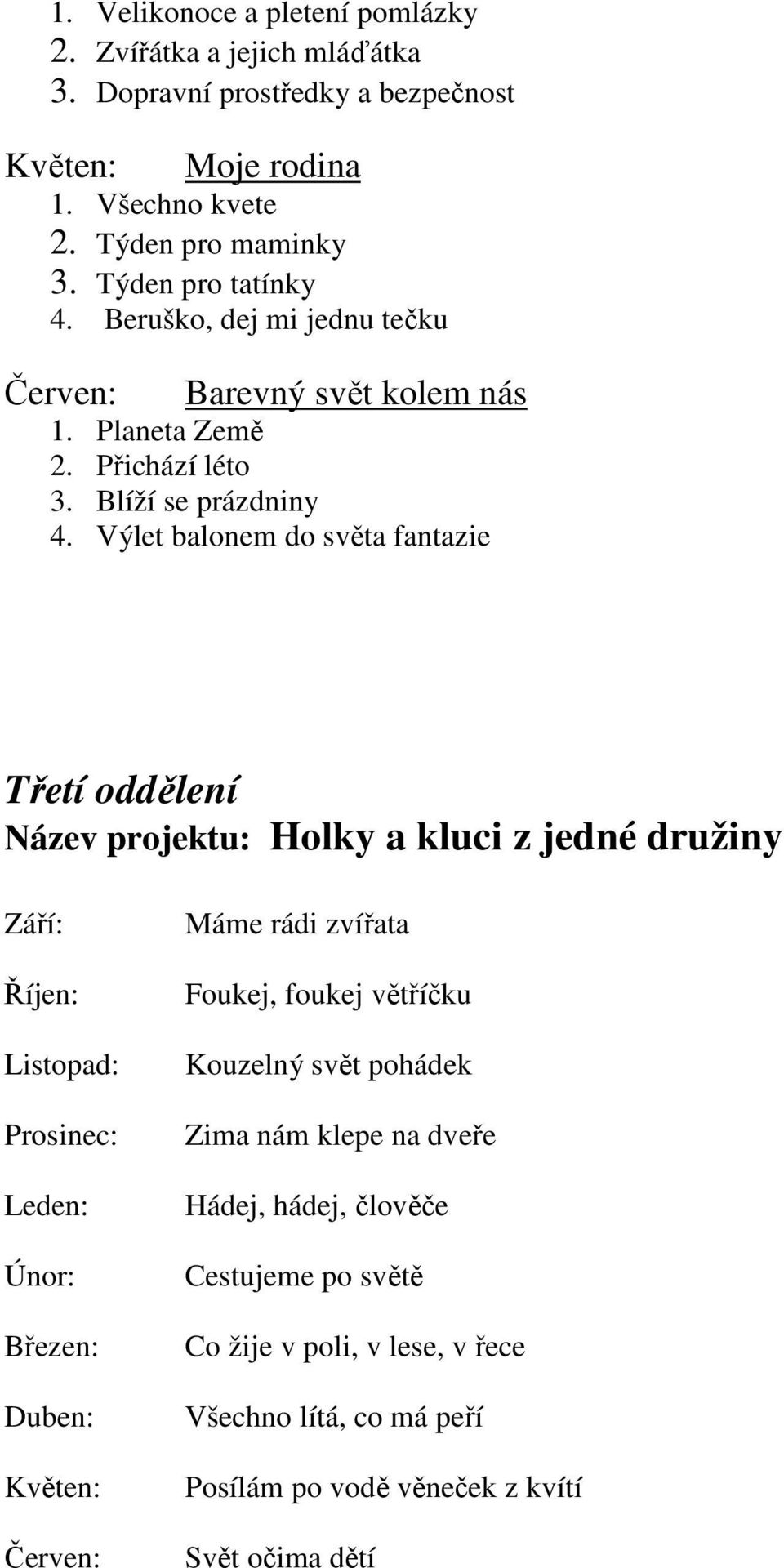 Výlet balonem do světa fantazie Třetí oddělení Název projektu: Holky a kluci z jedné družiny Září: Říjen: Listopad: Prosinec: Leden: Únor: Březen: Duben: Květen: Červen: Máme