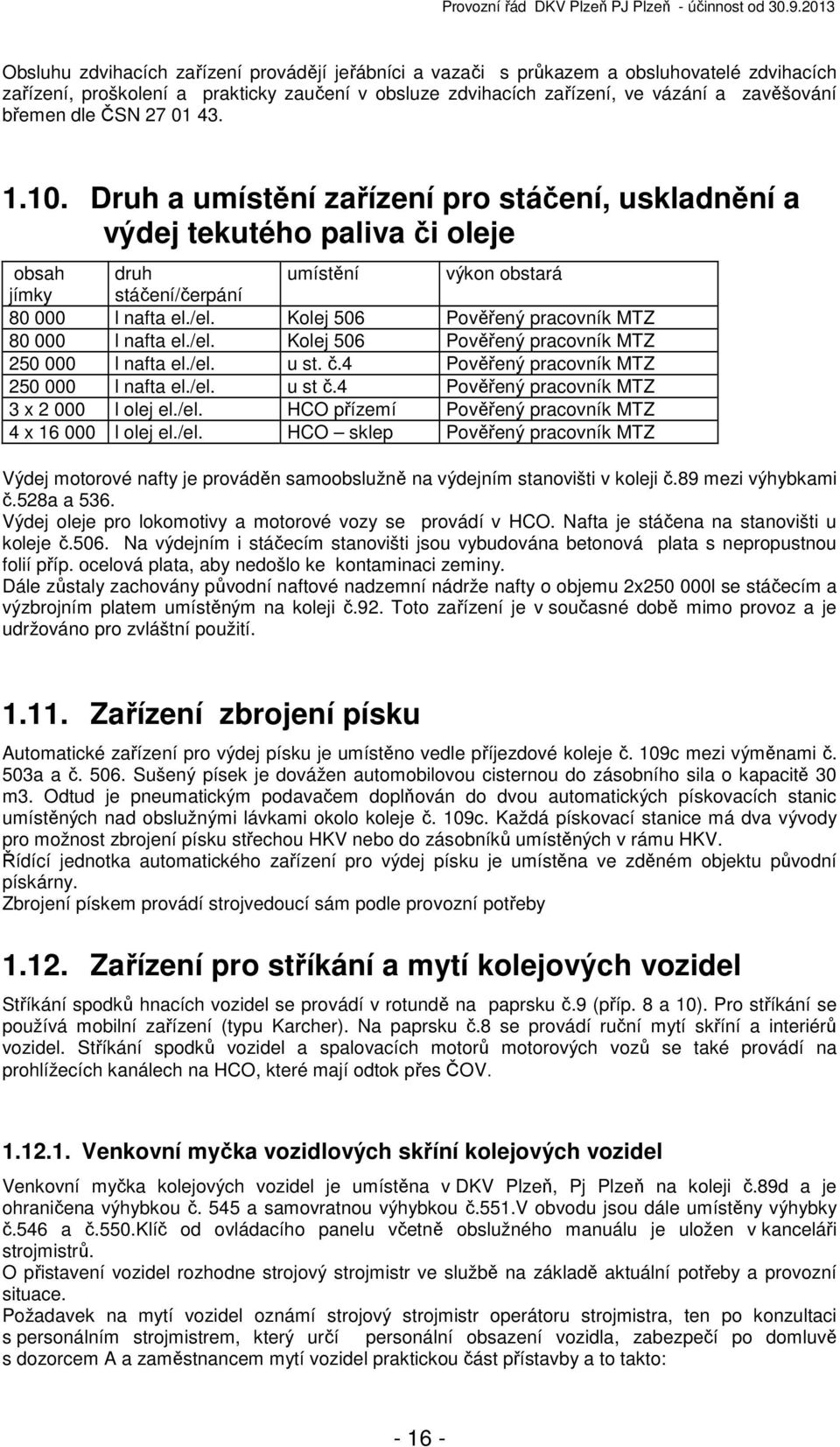 Kolej 506 Pověřený pracovník MTZ 80 000 l nafta el./el. Kolej 506 Pověřený pracovník MTZ 250 000 l nafta el./el. u st. č.4 Pověřený pracovník MTZ 250 000 l nafta el./el. u st č.