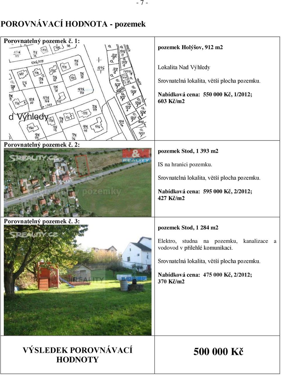 Srovnatelná lokalita, větší plocha pozemku. Nabídková cena: 595 000 Kč, 2/2012; 427 Kč/m2 Porovnatelný pozemek č.