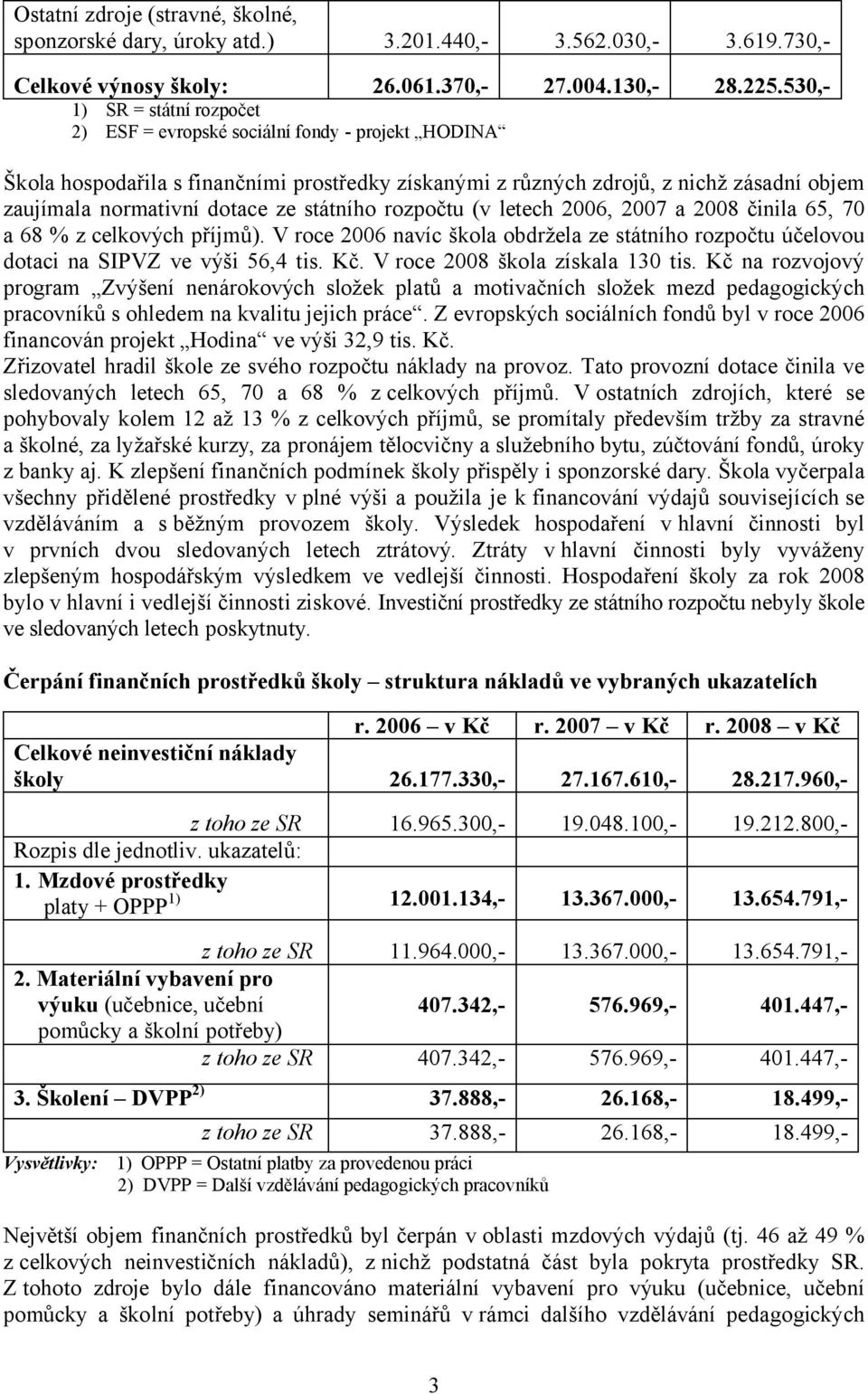 ze státního rozpočtu (v letech 2006, 2007 a 2008 činila 65, 70 a 68 % z celkových příjmů). V roce 2006 navíc škola obdržela ze státního rozpočtu účelovou dotaci na SIPVZ ve výši 56,4 tis. Kč.