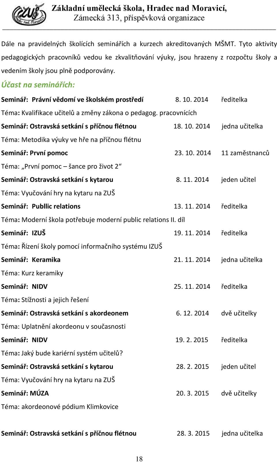 Účast na seminářích: Seminář: Právní vědomí ve školském prostředí 8. 10. 2014 ředitelka Téma: Kvalifikace učitelů a změny zákona o pedagog.