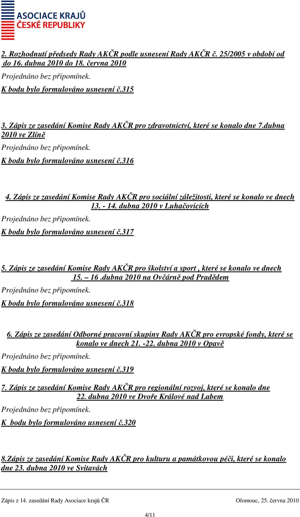 Zápis ze zasedání Komise Rady AKČR pro sociální záležitosti, které se konalo ve dnech 13. - 14. dubna 2010 v Luhačovicích K bodu bylo formulováno usnesení č.317 5.