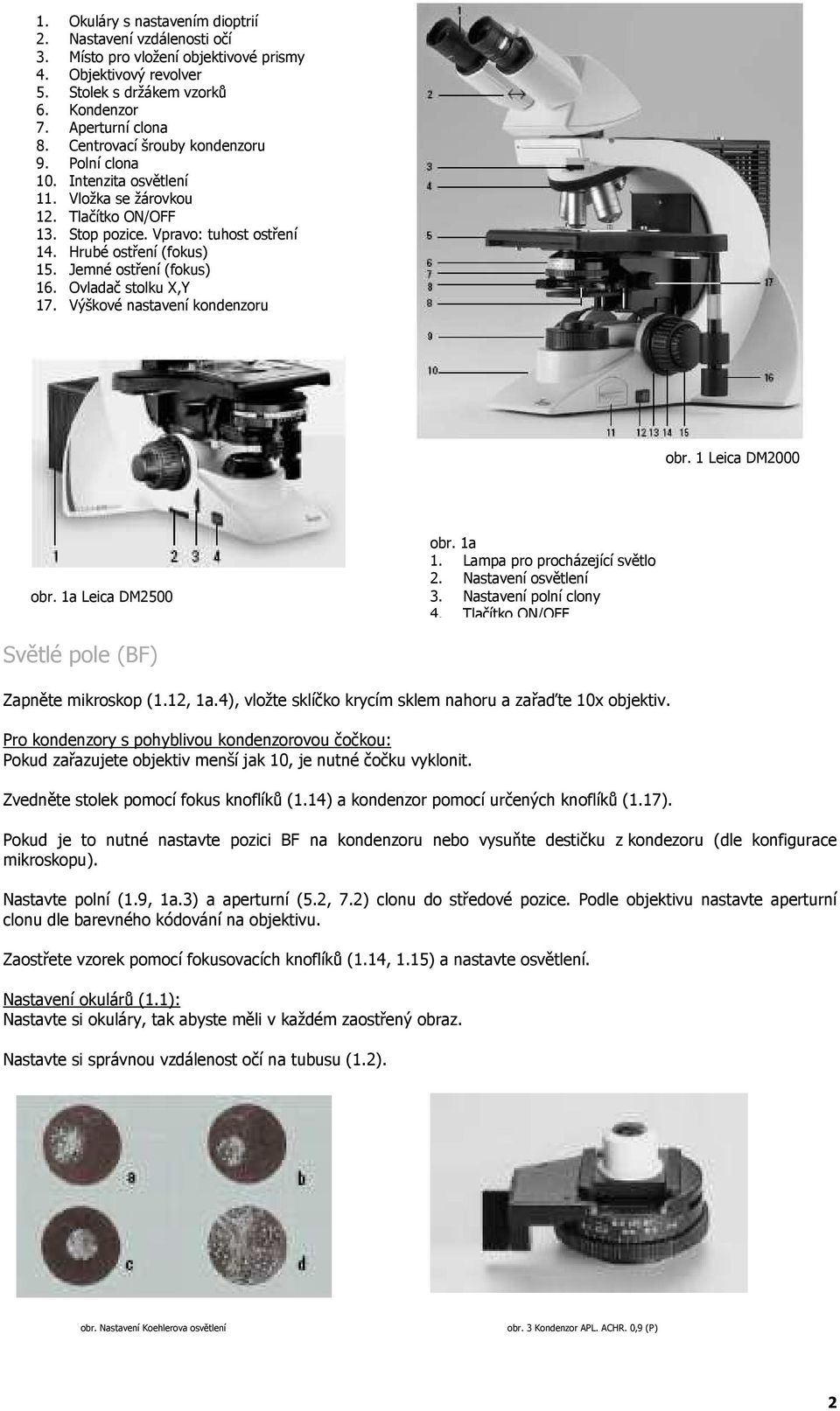 Jemné ostření (fokus) 16. Ovladač stolku X,Y 17. Výškové nastavení kondenzoru obr. 1 Leica DM2000 obr. 1a Leica DM2500 obr. 1a 1. Lampa pro procházející světlo 2. Nastavení osvětlení 3.