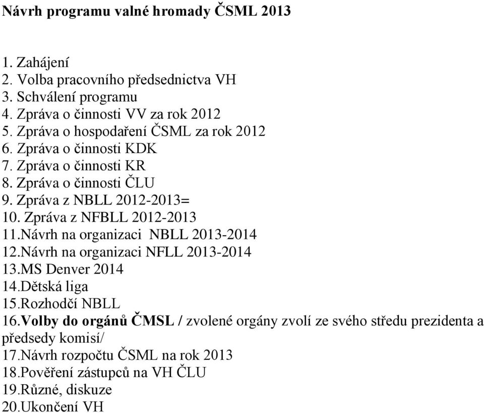 Zpráva z NFBLL 2012-2013 11.Návrh na organizaci NBLL 2013-2014 12.Návrh na organizaci NFLL 2013-2014 13.MS Denver 2014 14.Dětská liga 15.Rozhodčí NBLL 16.