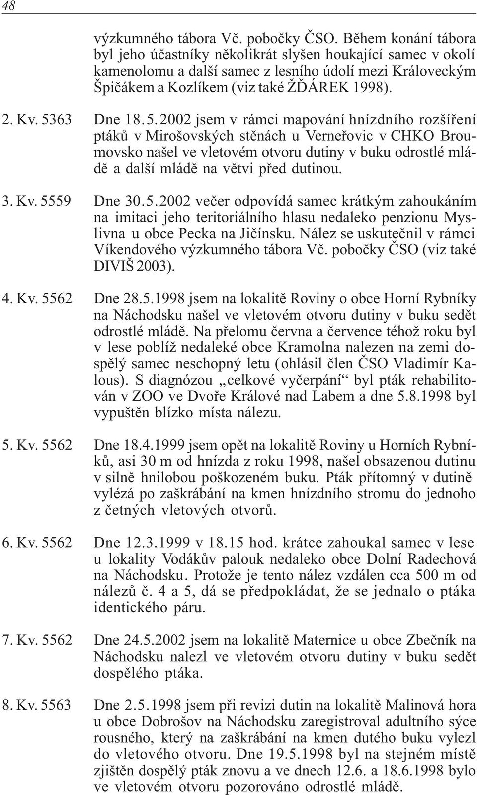5363 Dne 18.5.2002 jsem v rámci mapování hnízdního rozšíøení ptákù v Mirošovských stìnách u Verneøovic v CHKO Broumovsko našel ve vletovém otvoru dutiny v buku odrostlé mládì a další mládì na vìtvi pøed dutinou.