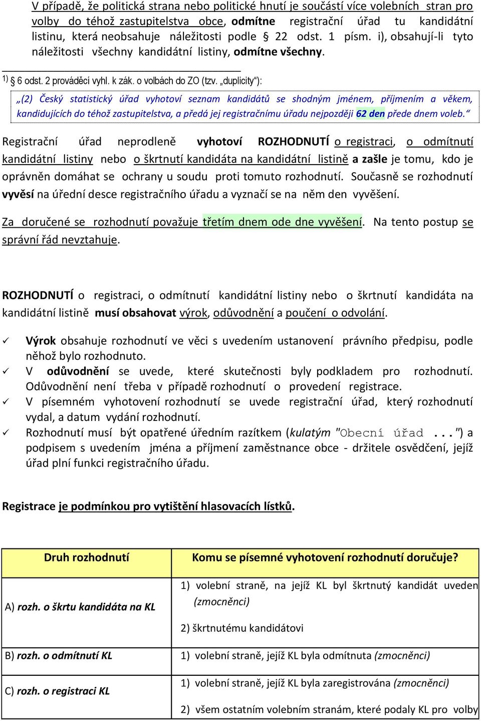 duplicity ): (2) Český statistický úřad vyhotoví seznam kandidátů se shodným jménem, příjmením a věkem, kandidujících do téhož zastupitelstva, a předá jej registračnímu úřadu nejpozději 62 den přede