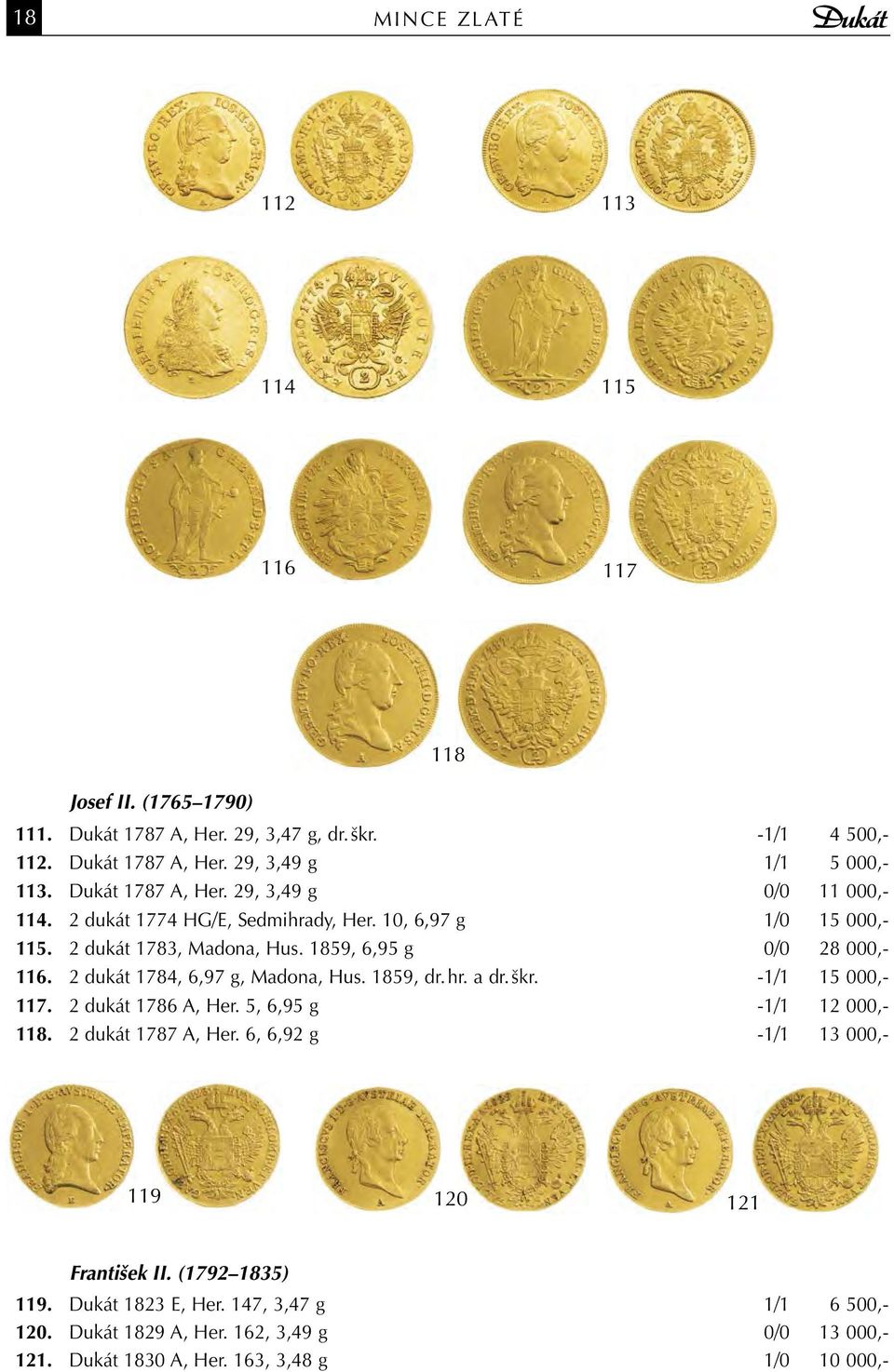 2 dukát 1784, 6,97 g, Madona, Hus. 1859, dr. hr. a dr. škr. -1/1 15 000,- 117. 2 dukát 1786 A, Her. 5, 6,95 g -1/1 12 000,- 118. 2 dukát 1787 A, Her.