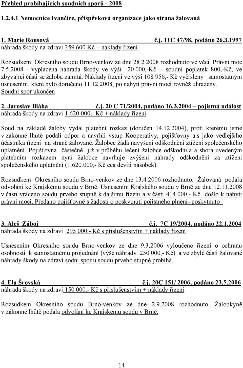 Náklady řízení ve výši 108 956,- Kč vyčísleny samostatným usnesením, které bylo doručeno 11.12.2008, po nabytí právní moci rovněž uhrazeny. Soudní spor ukončen 2. Jaroslav Bláha č.j.