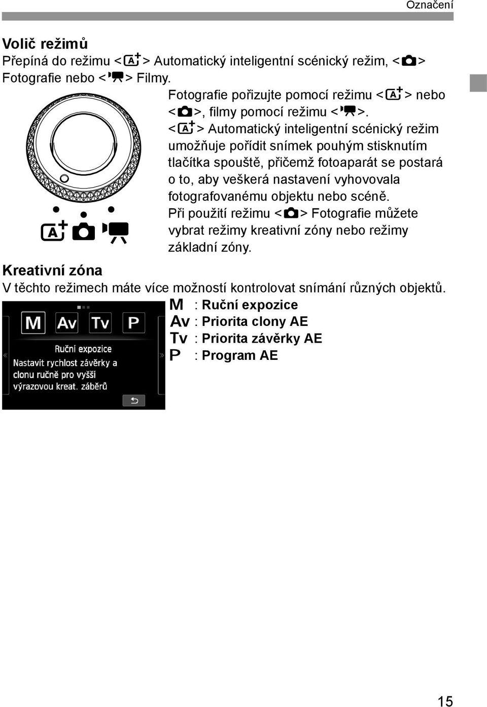 <A> Automatický inteligentní scénický režim umožňuje pořídit snímek pouhým stisknutím tlačítka spouště, přičemž fotoaparát se postará o to, aby veškerá nastavení