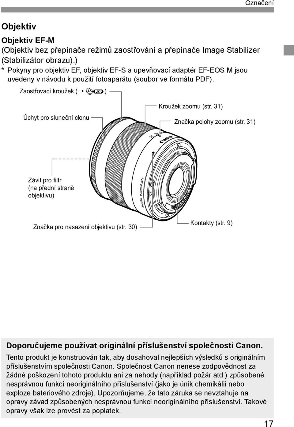 ) Úchyt pro sluneční clonu Kroužek zoomu (str. 31) Značka polohy zoomu (str. 31) Závit pro filtr (na přední straně objektivu) Značka pro nasazení objektivu (str. 30) Kontakty (str.