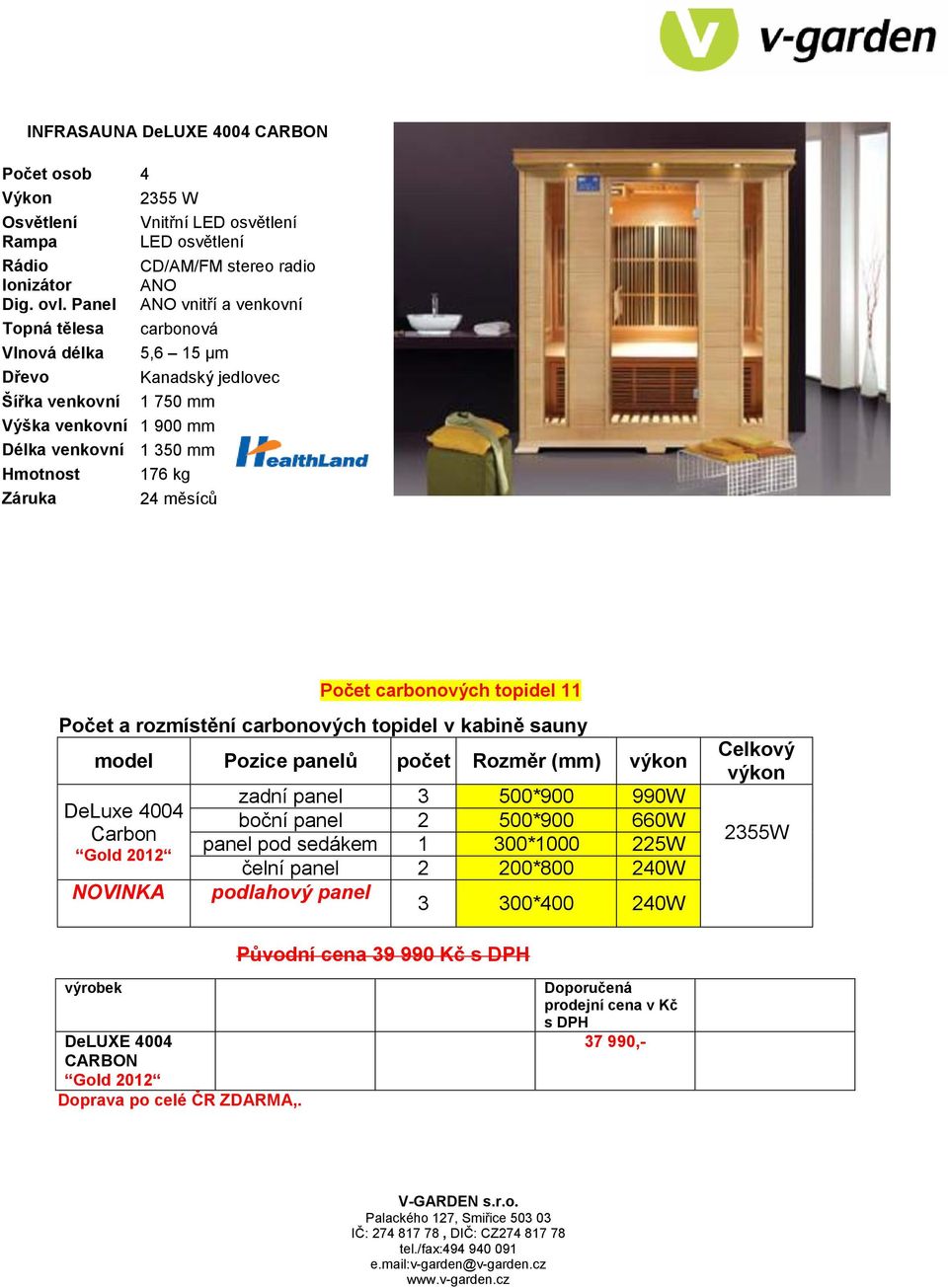 DeLuxe 4004 Carbon NOVINKA zadní panel 3 500*900 990W boční panel 2 500*900 660W panel pod sedákem 1 300*1000 225W čelní panel