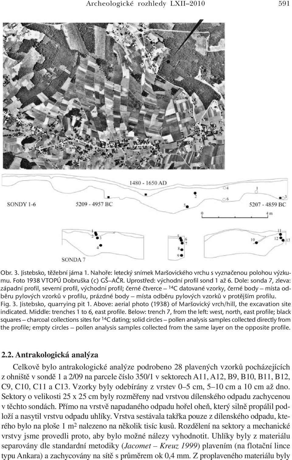 Dole: sonda 7, zleva: západní profil, severní profil, východní profil; černé čtverce 14 C datované vzorky, černé body místa odběru pylových vzorků v profilu, prázdné body místa odběru pylových vzorků