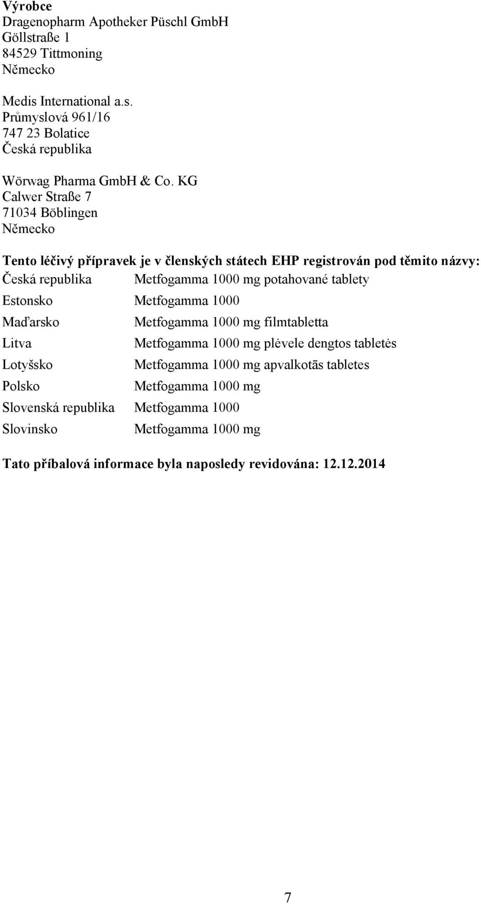 tablety Estonsko Metfogamma 1000 Maďarsko Litva Lotyšsko Polsko Metfogamma 1000 mg filmtabletta Metfogamma 1000 mg plėvele dengtos tabletės Metfogamma 1000 mg apvalkotās