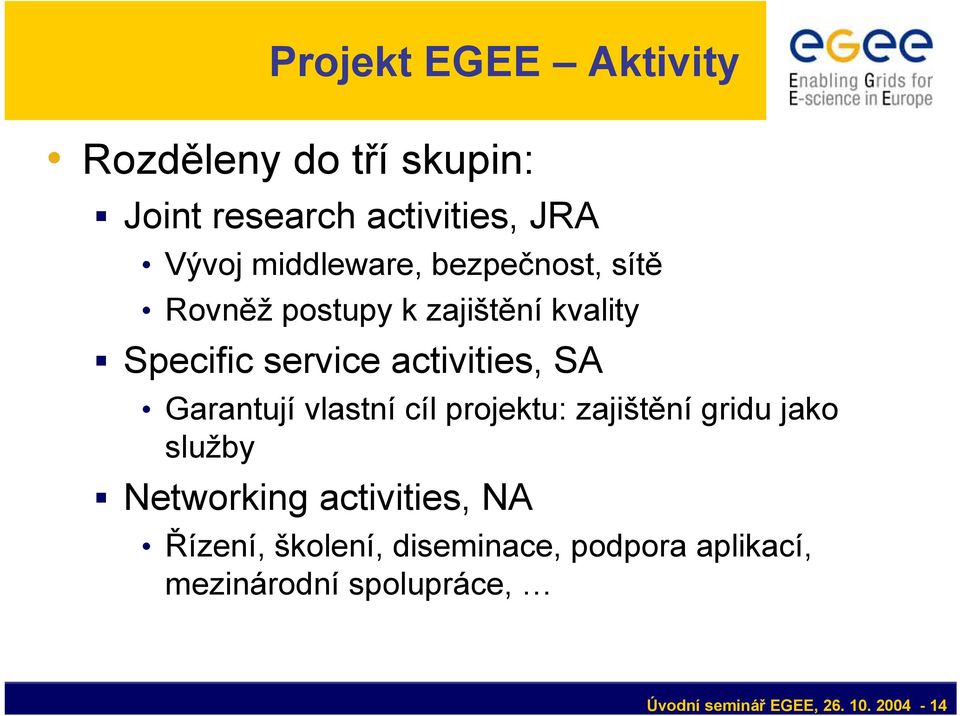 SA Garantují vlastní cíl projektu: zajištění gridu jako služby Networking activities, NA