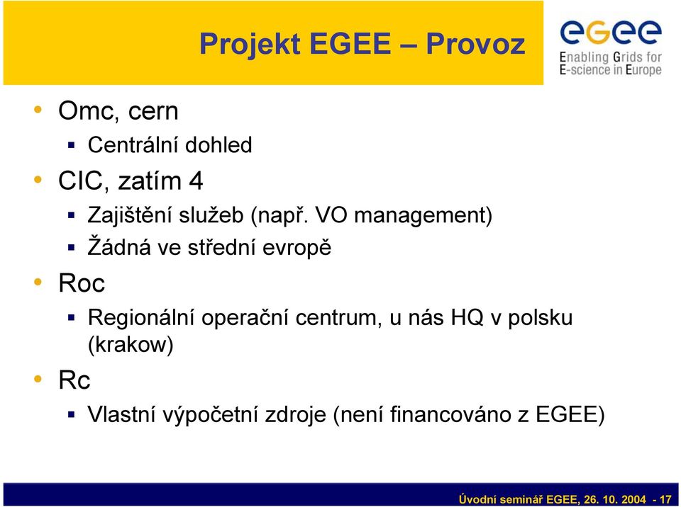 VO management) Žádná ve střední evropě Roc Regionální operační