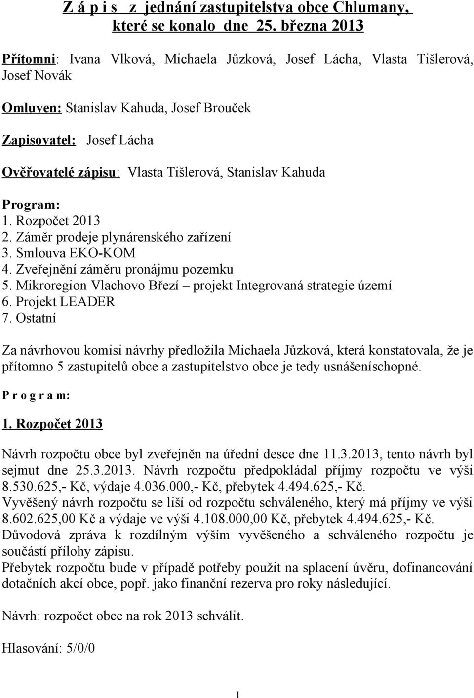 Tišlerová, Stanislav Kahuda Program: 1. Rozpočet 2013 2. Záměr prodeje plynárenského zařízení 3. Smlouva EKO-KOM 4. Zveřejnění záměru pronájmu pozemku 5.