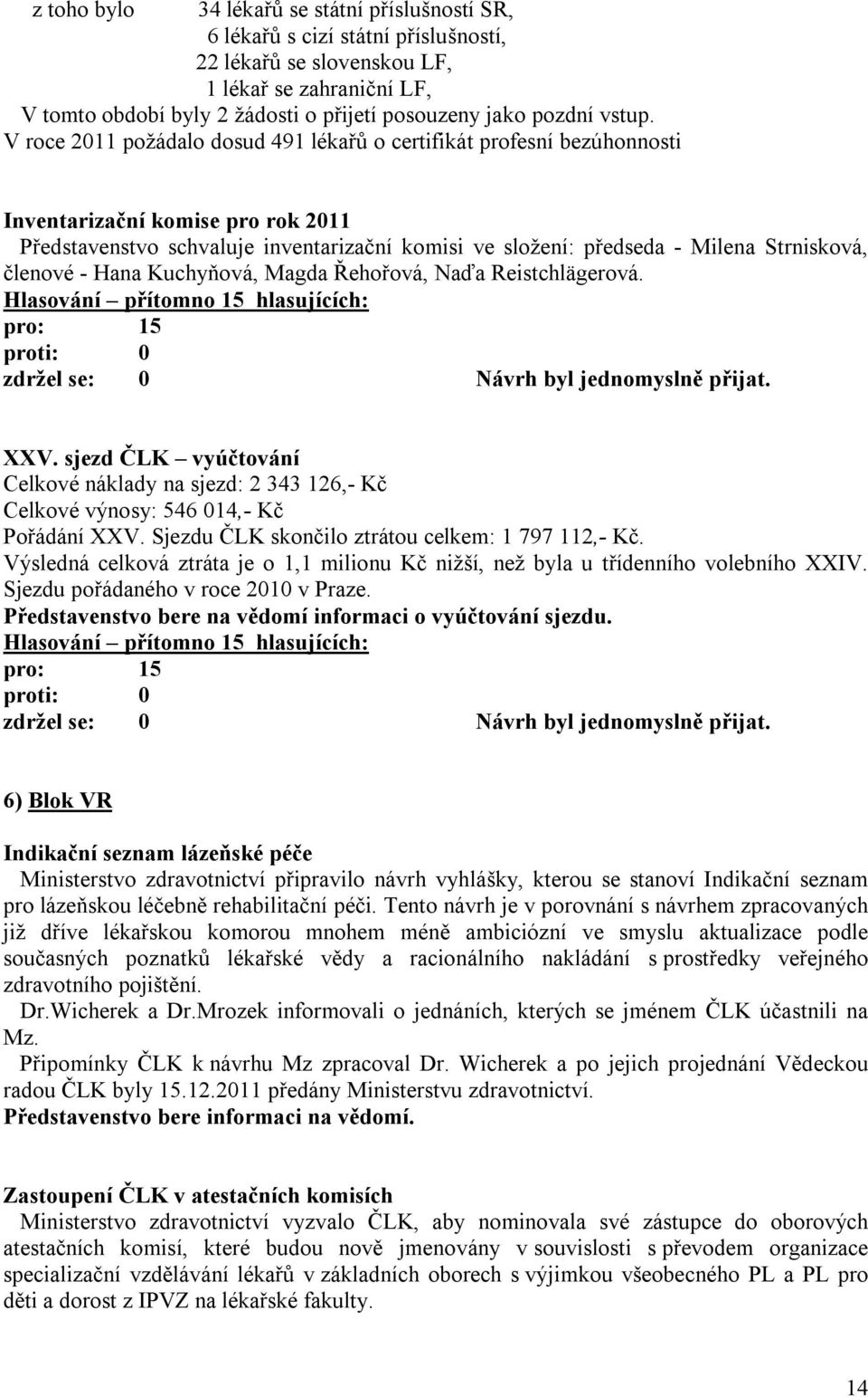 V roce 2011 požádalo dosud 491 lékařů o certifikát profesní bezúhonnosti Inventarizační komise pro rok 2011 Představenstvo schvaluje inventarizační komisi ve složení: předseda - Milena Strnisková,