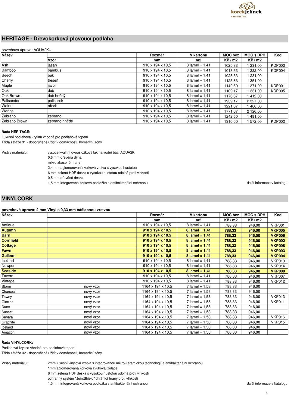 1142,50 1 371,00 KDP001 Oak dub 910 x 194 x 10,5 8 lamel = 1,41 1109,17 1 331,00 KDP005 Oak Brown dub hnědý 910 x 194 x 10,5 8 lamel = 1,41 1176,67 1 412,00 Palisander palisandr 910 x 194 x 10,5 8