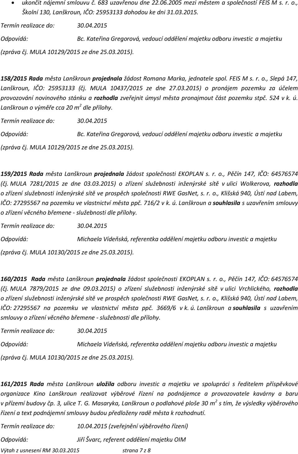 03.2015) o pronájem pozemku za účelem provozování novinového stánku a rozhodla zveřejnit úmysl města pronajmout část pozemku stpč. 524 v k. ú. Lanškroun o výměře cca 20 m 2 dle přílohy. (zpráva čj.