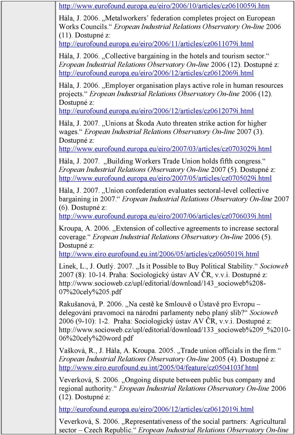 Eropean Industrial Relations Observatory On-line 2006 (12). Dostupné z: http://eurofound.europa.eu/eiro/2006/12/articles/cz0612069i.html Hála, J. 2006. Employer organisation plays active role in human resources projects.