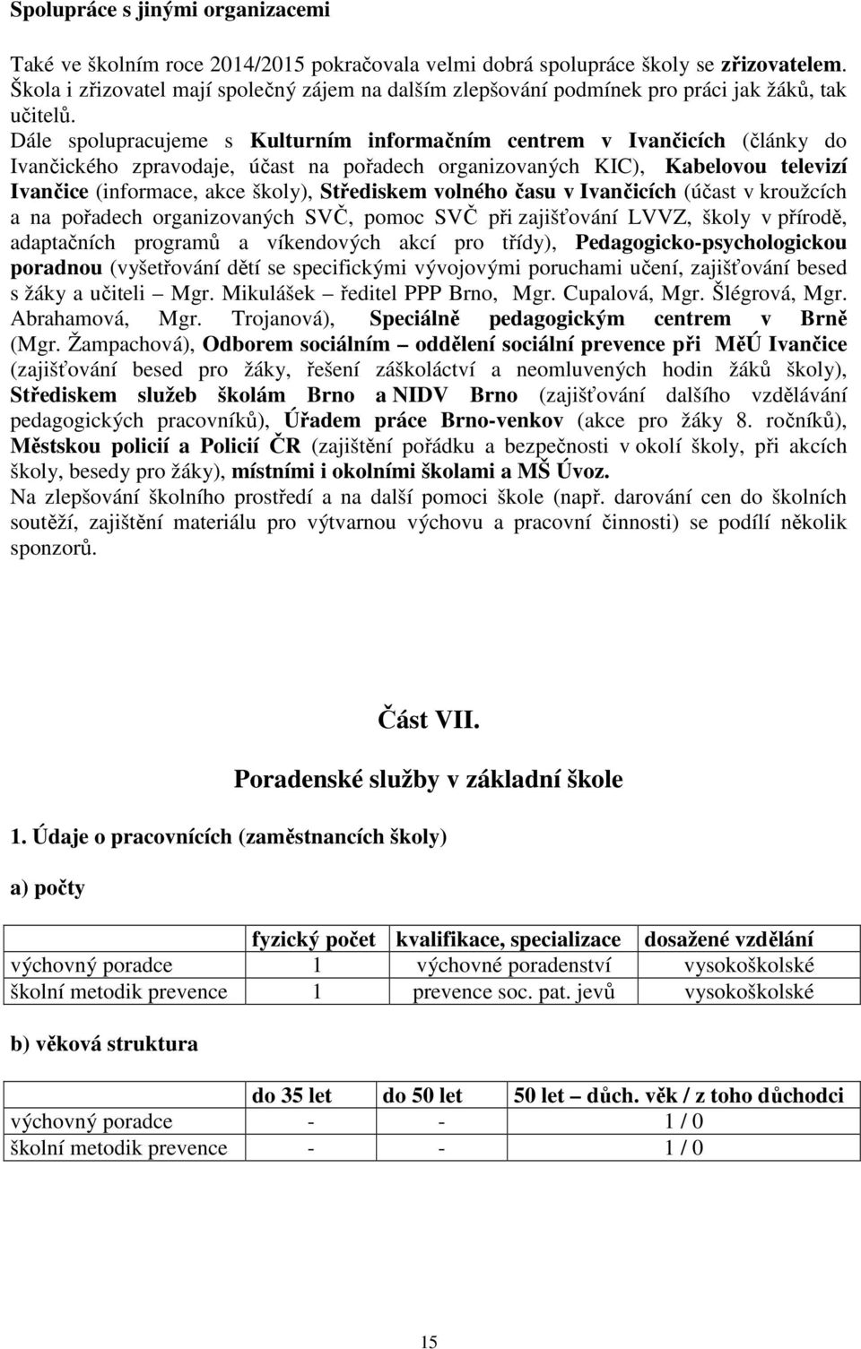 Dále spolupracujeme s Kulturním informačním centrem v Ivančicích (články do Ivančického zpravodaje, účast na pořadech organizovaných KIC), Kabelovou televizí Ivančice (informace, akce školy),