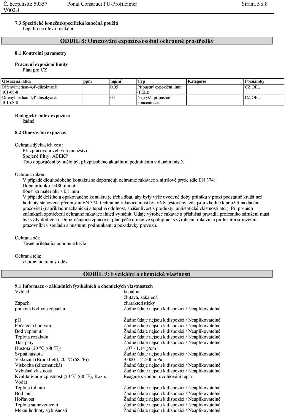 0,05 Přípustný expoziční limit CZ OEL 101-68-8 (PEL): Difenylmethan-4,4'-diisokyanát 101-68-8 0,1 Nejvyšší přípustné koncentrace: CZ OEL Biologický index expozice: žádné 8.