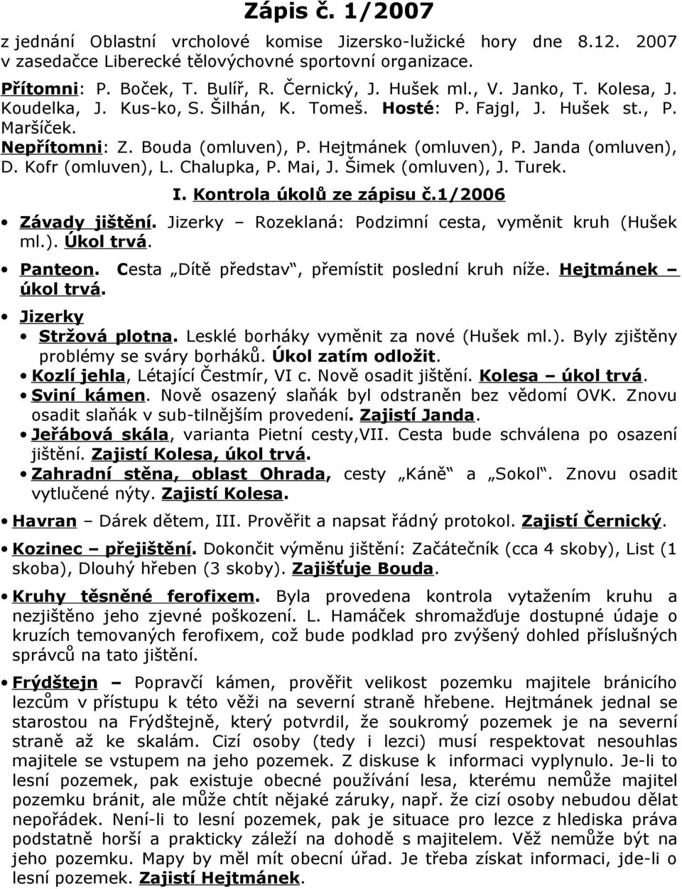 Kofr (omluven), L. Chalupka, P. Mai, J. Šimek (omluven), J. Turek. I. Kontrola úkolů ze zápisu č.1/2006 Závady jištění. Jizerky Rozeklaná: Podzimní cesta, vyměnit kruh (Hušek ml.). Úkol trvá. Panteon.