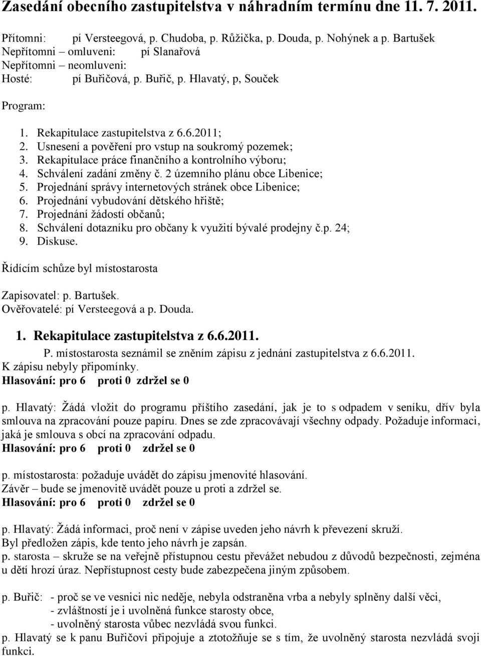 Usnesení a pověření pro vstup na soukromý pozemek; 3. Rekapitulace práce finančního a kontrolního výboru; 4. Schválení zadání změny č. 2 územního plánu obce Libenice; 5.