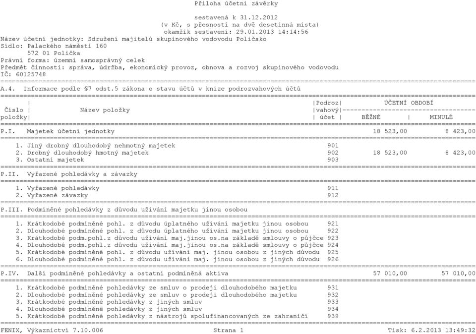 ULÉ P.I. Majetek účetní jednotky 18 523,00 8 423,00 1. Jiný drobný dlouhodobý nehmotný majetek 901 2. Drobný dlouhodobý hmotný majetek 902 18 523,00 8 423,00 3. Ostatní majetek 903 P.II.