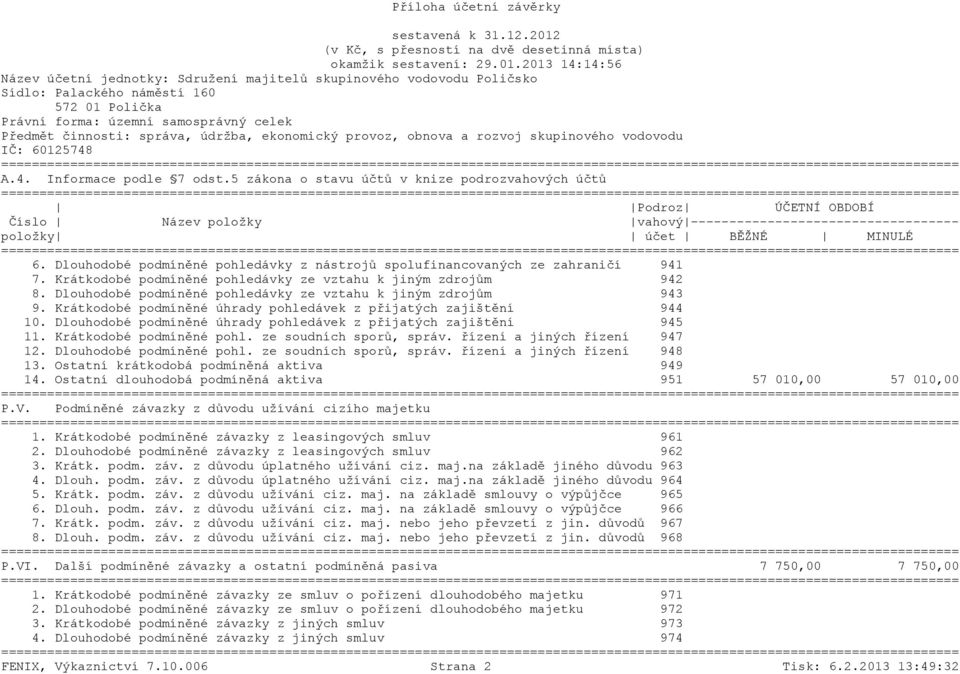 Dlouhodobé podmíněné pohledávky z nástrojů spolufinancovaných ze zahraničí 941 7. Krátkodobé podmíněné pohledávky ze vztahu k jiným zdrojům 942 8.