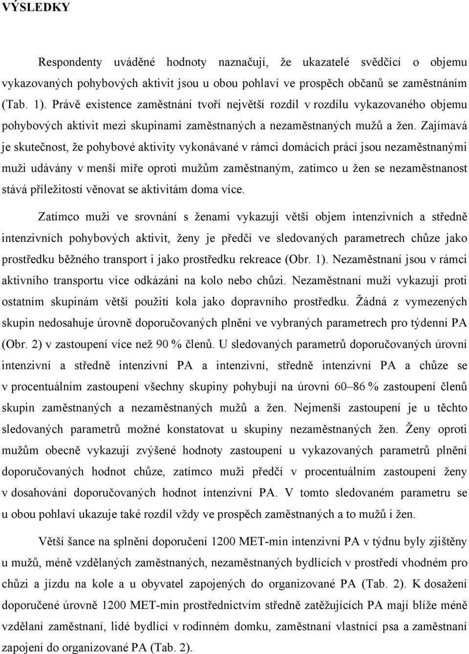 Zajímavá je skutečnost, že pohybové aktivity vykonávané v rámci domácích prácí jsou nezaměstnanými muži udávány v menší míře oproti mužům zaměstnaným, zatímco u žen se nezaměstnanost stává