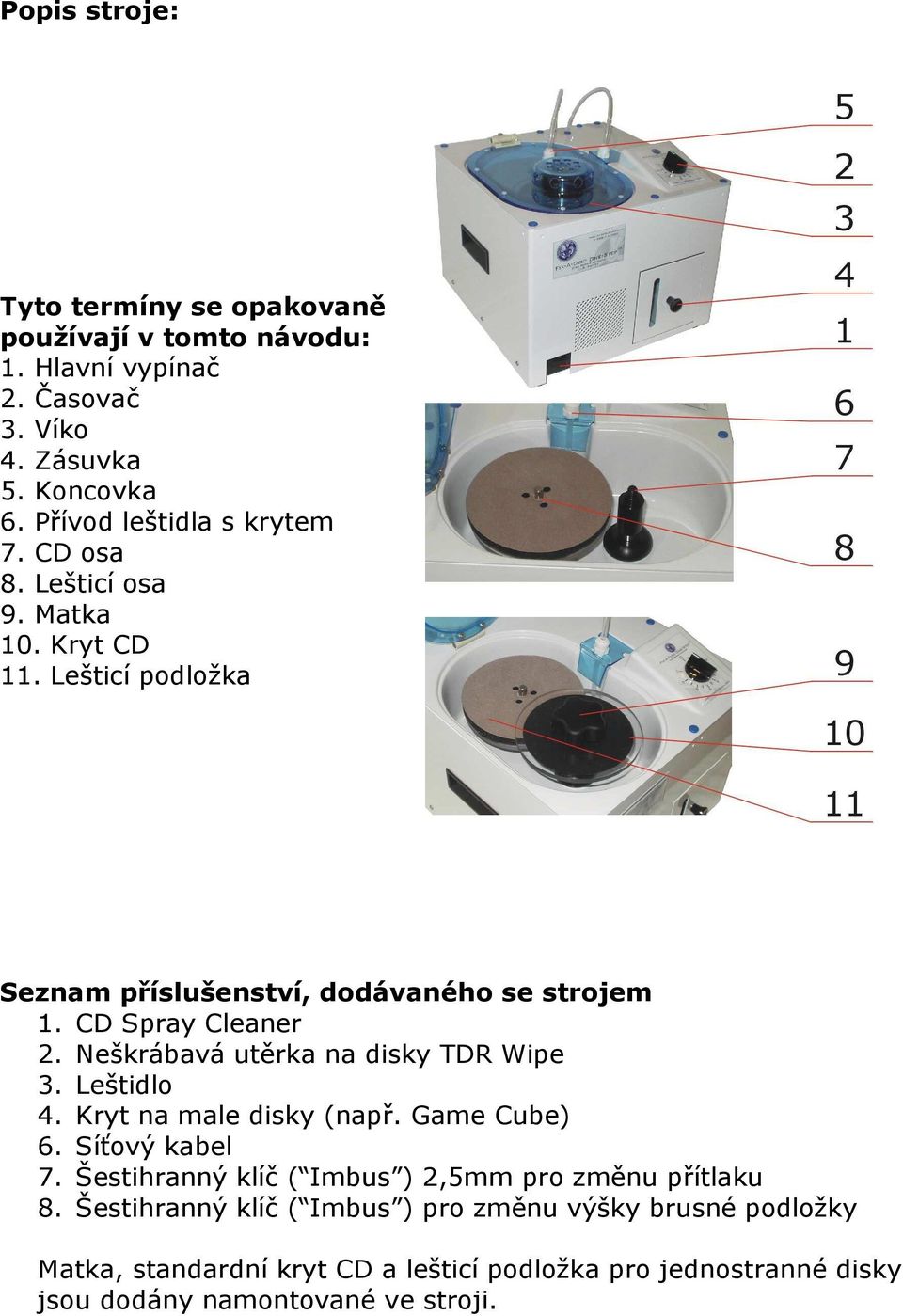 CD Spray Cleaner 2. Neškrábavá utěrka na disky TDR Wipe 3. Leštidlo 4. Kryt na male disky (např. Game Cube) 6. Síťový kabel 7.