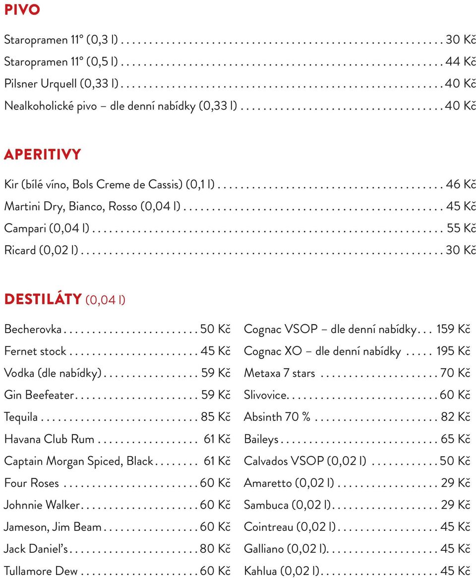 ....................................... 46 Kč Martini Dry, Bianco, Rosso (0,04 l).............................................. 45 Kč Campari (0,04 l).............................................................. 55 Kč Ricard (0,02 l).