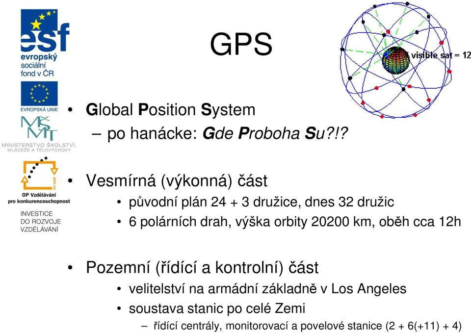 výška orbity 20200 km, oběh cca 12h Pozemní (řídící a kontrolní) část velitelství na