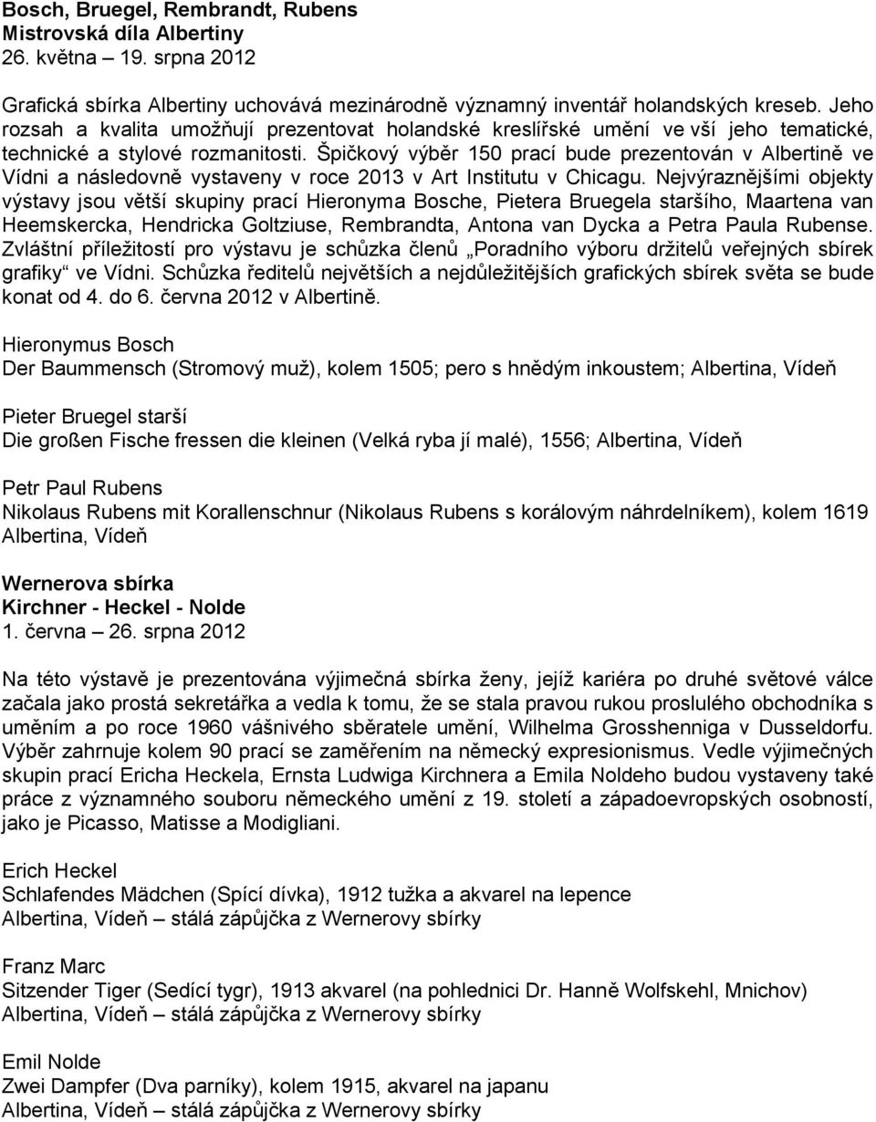 Špičkový výběr 150 prací bude prezentován v Albertině ve Vídni a následovně vystaveny v roce 2013 v Art Institutu v Chicagu.