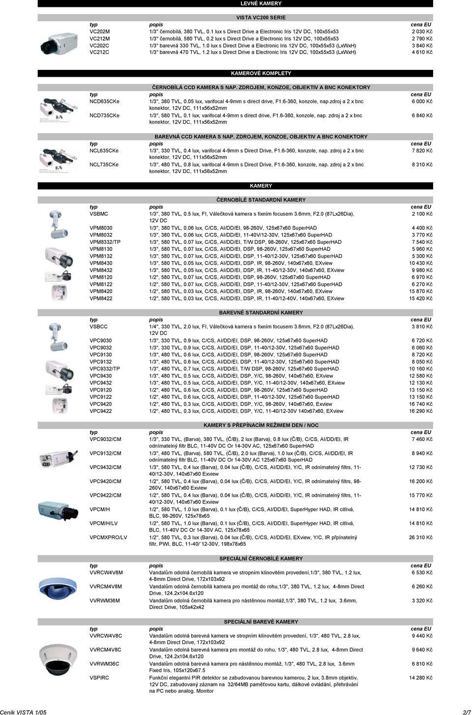 0 lux s Direct Drive a Electronic Iris 12V DC, 100x55x53 (LxWxH) 3 840 Kč VC212C 1/3" barevná 470 TVL, 1.