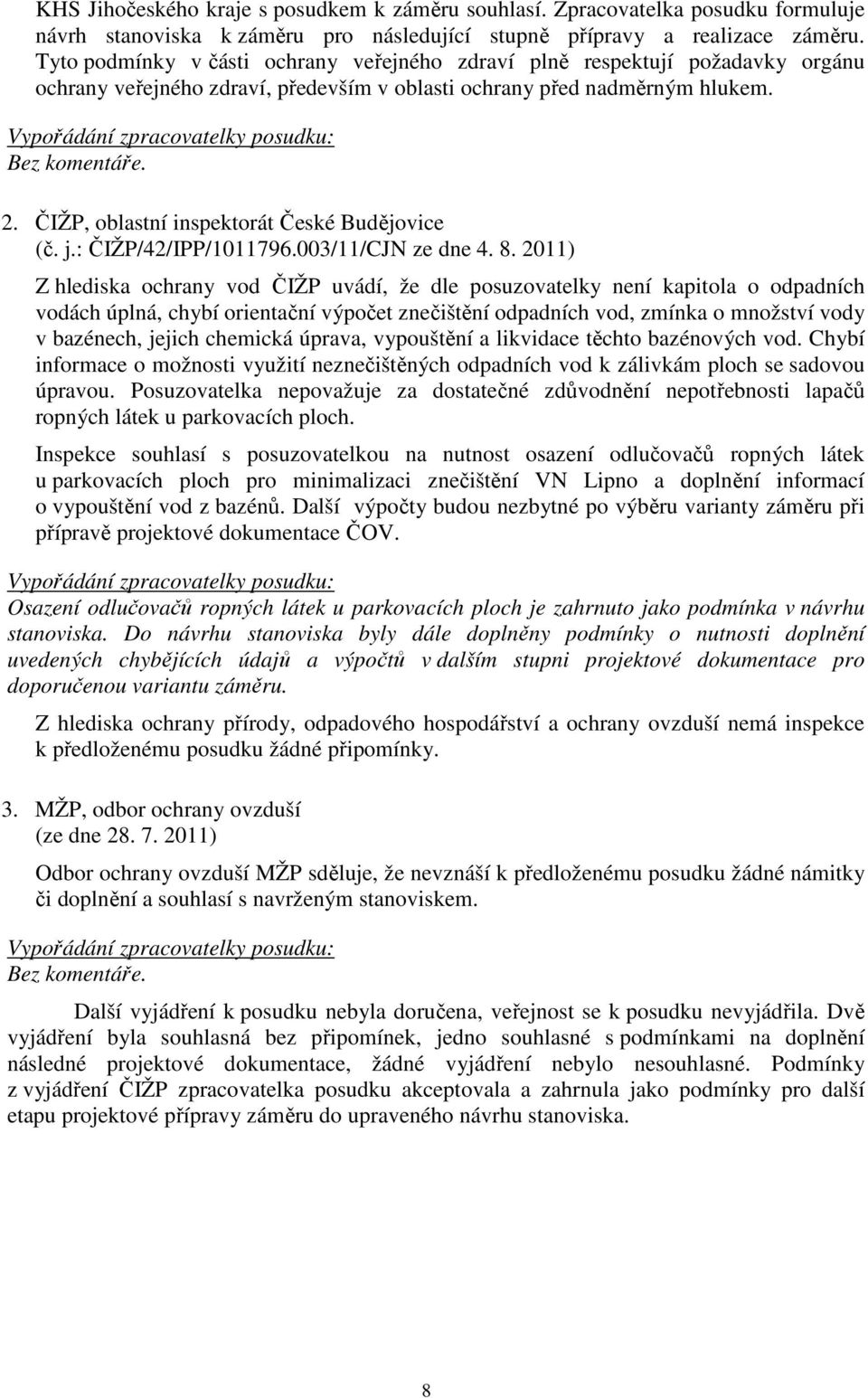 Vypořádání zpracovatelky posudku: Bez komentáře. 2. ČIŽP, oblastní inspektorát České Budějovice (č. j.: ČIŽP/42/IPP/1011796.003/11/CJN ze dne 4. 8.