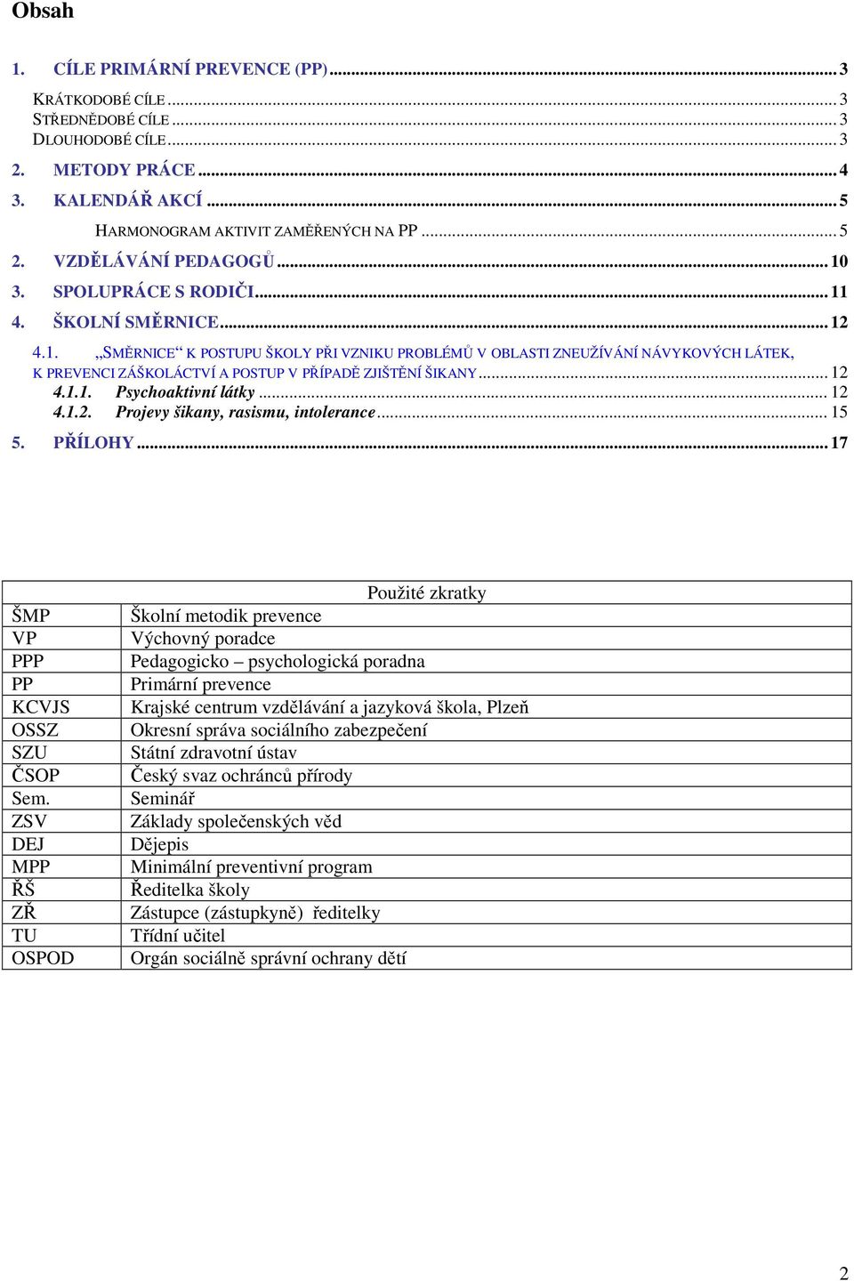 .. 12 4.1.1. Psychoaktivní látky... 12 4.1.2. Projevy šikany, rasismu, intolerance... 15 5. PŘÍLOHY... 17 ŠMP VP PPP PP KCVJS OSSZ SZU ČSOP Sem.