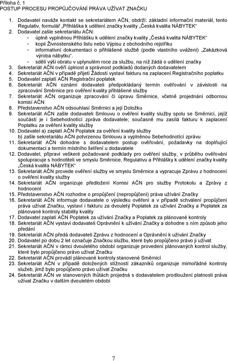 Dodavatel zašle sekretariátu AČN: - úplně vyplněnou Přihlášku k udělení značky kvality Česká kvalita NÁBYTEK - kopii Živnostenského listu nebo Výpisu z obchodního rejstříku - informativní dokumentaci