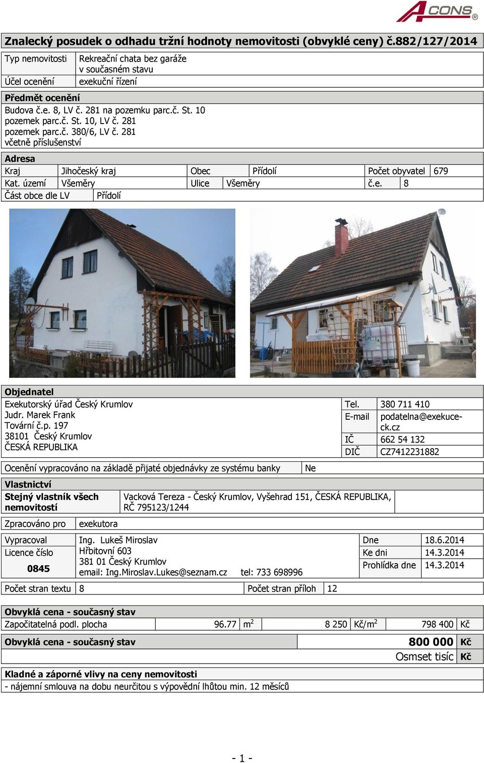 území Všeměry Ulice Všeměry č.e. 8 Část obce dle LV Přídolí Objednatel Exekutorský úřad Český Krumlov Judr. Marek Frank Tovární č.p.