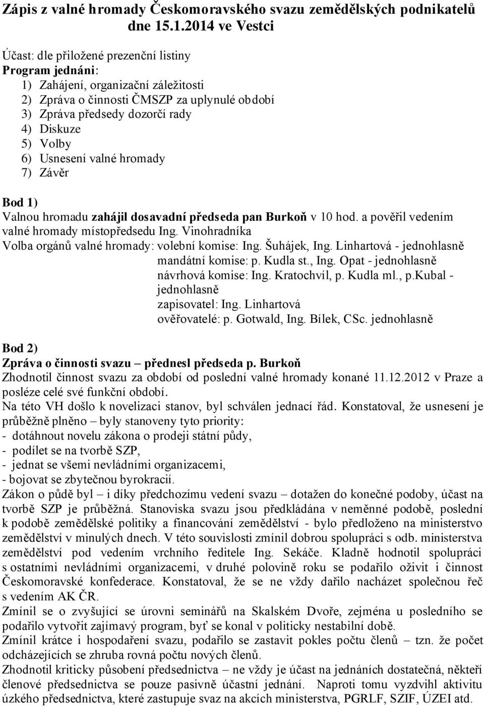 5) Volby 6) Usnesení valné hromady 7) Závěr Bod 1) Valnou hromadu zahájil dosavadní předseda pan Burkoň v 10 hod. a pověřil vedením valné hromady místopředsedu Ing.