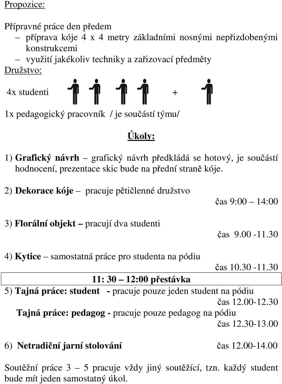 2) Dekorace kóje pracuje pětičlenné družstvo 3) Florální objekt pracují dva studenti čas 9:00 14:00 čas 9.00-11.30 4) Kytice samostatná práce pro studenta na pódiu čas 10.30-11.