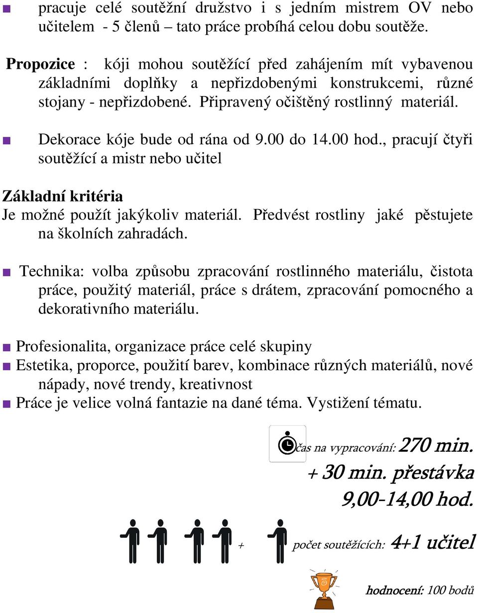 Dekorace kóje bude od rána od 9.00 do 14.00 hod., pracují čtyři soutěžící a mistr nebo učitel Základní kritéria Je možné použít jakýkoliv materiál.