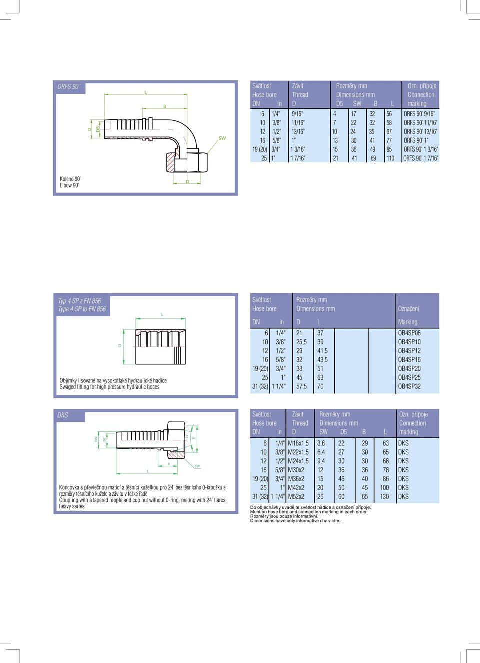 hydraulic hoses Světlost Rozměry mm Hose bore Dimensions mm Označení DN in D L Marking 6 1/4" 21 37 OB4SP06 10 3/8" 25,5 39 OB4SP10 12 1/2" 29 41,5 OB4SP12 16 5/8" 32 43,5 OB4SP16 19 (20) 3/4" 38 51