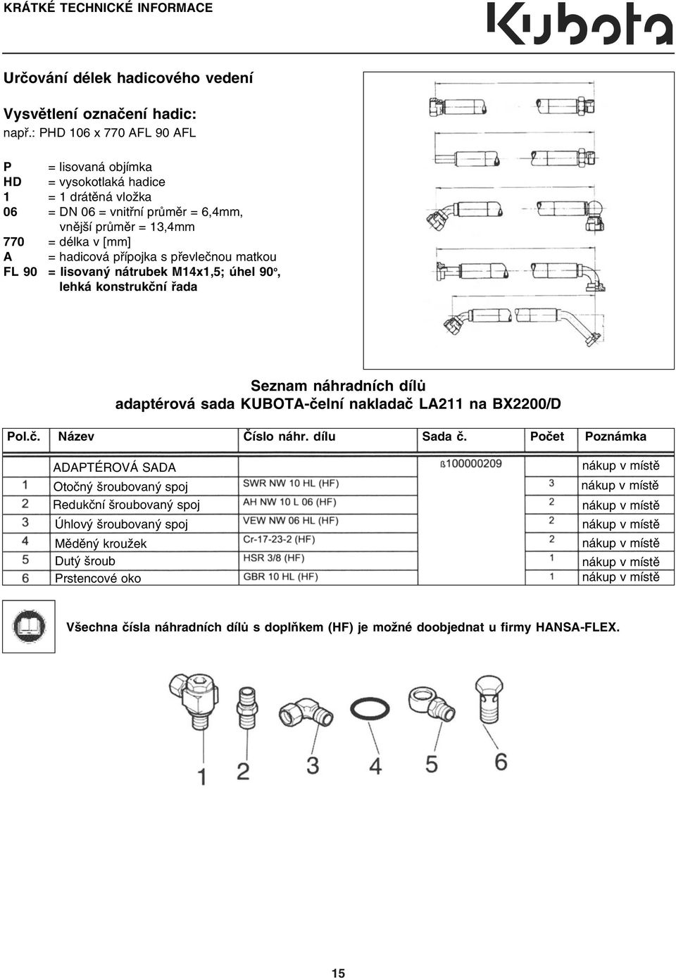 hadicová přípojka s převlečnou matkou FL 90 = lisovaný nátrubek M14x1,5; úhel 90 o, lehká konstrukční řada Seznam náhradních dílů adaptérová sada KUBOTA čelní nakladač LA211 na