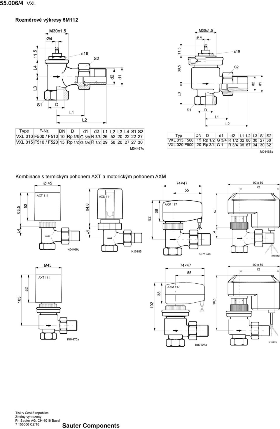 020 F500 20 D D Rp 1/2 Rp 3/4 1 2 d1 G 3/4 G 1 d2 R 1/2 R 3/4 1 32 36 2 60 67 3 30 34 S1 27 30 S2 30 32 M04468a Kombinae s termikým pohonem XT a motorikým pohonem XM Ø 45 XT 111 XS