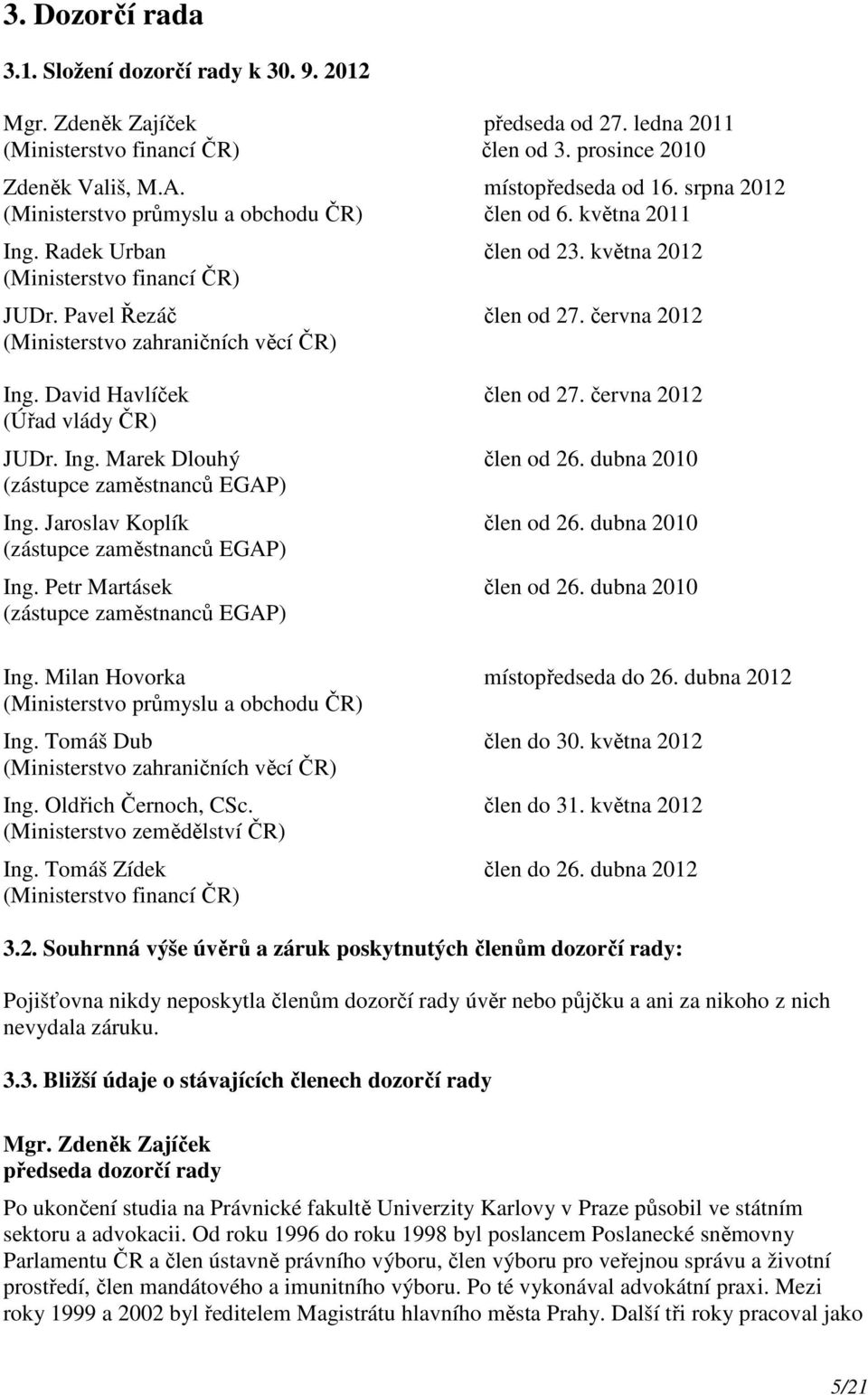 června 2012 (Ministerstvo zahraničních věcí ČR) Ing. David Havlíček člen od 27. června 2012 (Úřad vlády ČR) JUDr. Ing. Marek Dlouhý člen od 26. dubna 2010 (zástupce zaměstnanců EGAP) Ing.