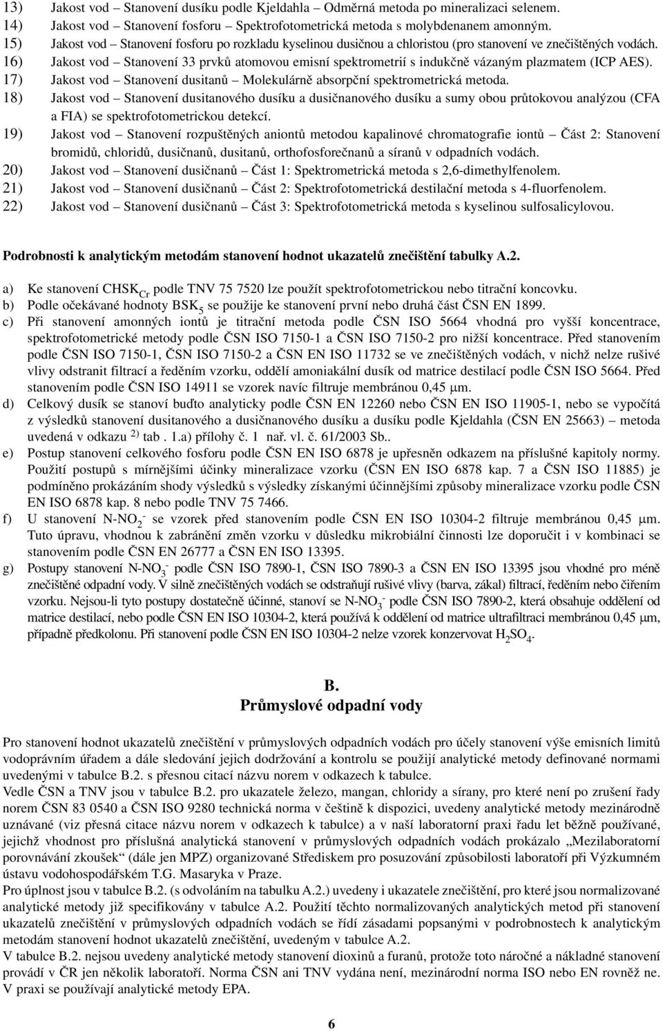 16) Jakost vod Stanovení 33 prvků atomovou emisní spektrometrií s indukčně vázaným plazmatem (ICP AES). 17) Jakost vod Stanovení dusitanů Molekulárně absorpční spektrometrická metoda.