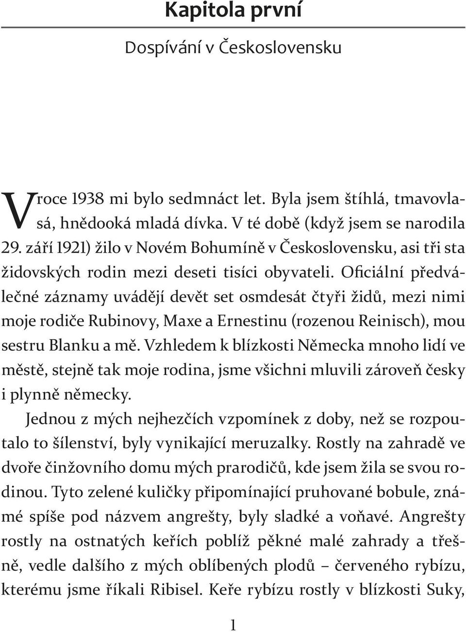 Oficiální předválečné záznamy uvádějí devět set osmdesát čtyři židů, mezi nimi moje rodiče Rubinovy, Maxe a Ernestinu (rozenou Reinisch), mou sestru Blanku a mě.